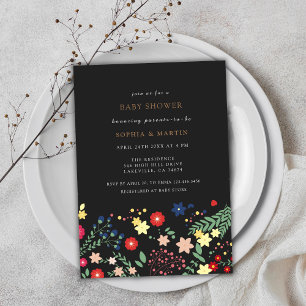 Black Elegant Wildflower Pattern Baby Shower Invitation
