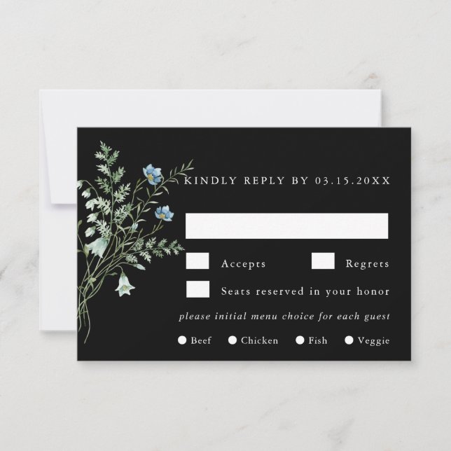 Black Elegant Wildflower Wedding Meal Choice RSVP Card (Front)