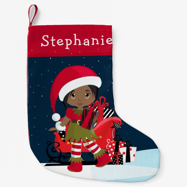 Black Elf Girl with Rudolph Christmas Stocking (Front)