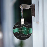 Black emerald green agate marble name script key ring<br><div class="desc">Black,  emerald green and faux silver,  agate,  marble stone print as background Personalize and add your name. The name is written with a modern hand lettered style script.</div>