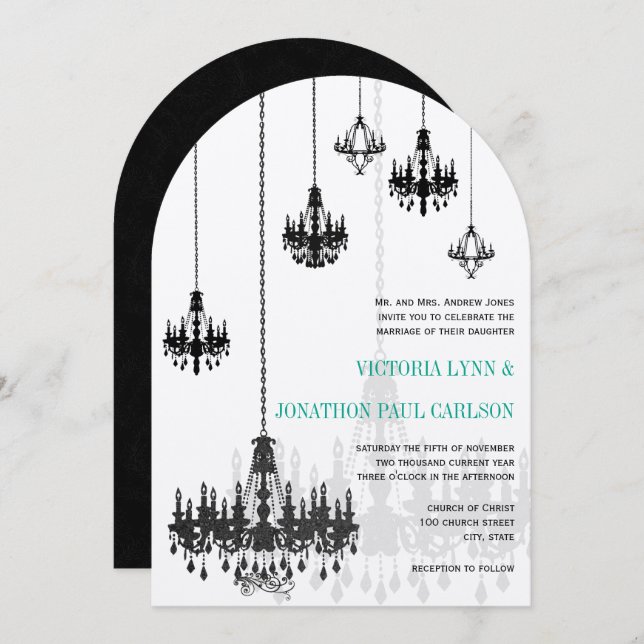 Black Emerald Green Damask Chandeliers Wedding Invitation (Front/Back)
