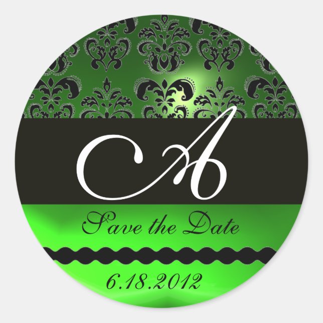 BLACK EMERALD GREEN DAMASK MONOGRAM,Save the Date Classic Round Sticker (Front)
