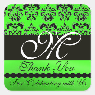 BLACK EMERALD GREEN DAMASK MONOGRAM Thank You Square Sticker