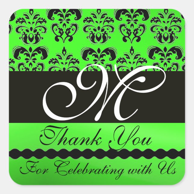 BLACK EMERALD GREEN DAMASK MONOGRAM Thank You Square Sticker (Front)