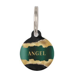 Black emerald green gold agate marble name pet tag