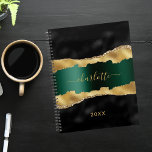 Black emerald green gold agate marble name planner<br><div class="desc">Black emerald green and faux gold,  agate,  marble stone print as background. Personalise and add your name and a year. The name is written with a modern hand lettered style script.</div>