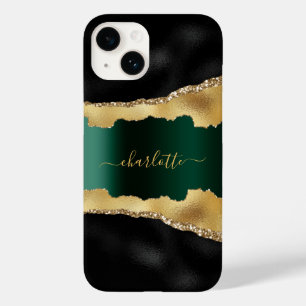 Black emerald green gold agate marble name script  Case-Mate iPhone 14 case