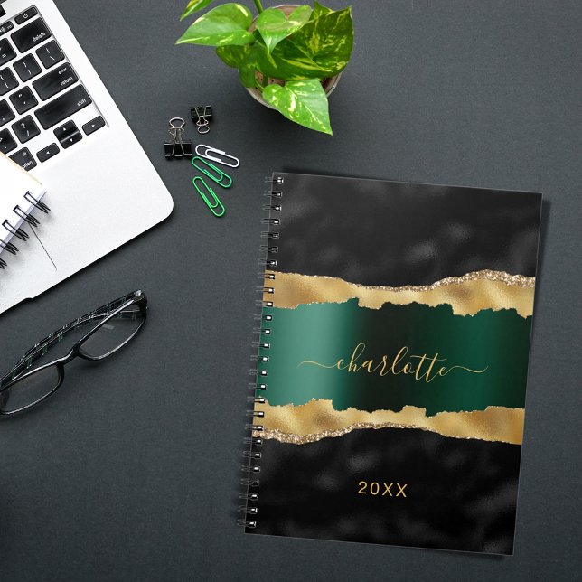 Black emerald green gold agate marble name script notebook (Creator Uploaded)