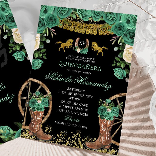 Black Emerald Green Hunter Western Boots XV Años Invitation (Creator Uploaded)