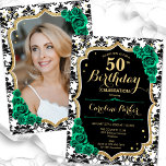 Black Emerald Green Photo 50th Birthday Invitation<br><div class="desc">Elegant floral feminine 50th birthday invitation with your photo at the back of the card. Glam emerald green design with faux glitter gold. Features black and white damask pattern, green roses, script font and confetti. Perfect for a stylish adult bday celebration party. Personalise with your own details. Can be customised...</div>