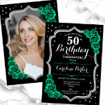 Black Emerald Green Photo 50th Birthday Invitation<br><div class="desc">Elegant 50th birthday invitation with your photo at the back of the card. Glam black and emerald green design with faux glitter silver. Features green roses, script font and confetti. Perfect for a stylish adult bday celebration party. Personalise with your own details. Can be customised for any age! Printed Zazzle...</div>