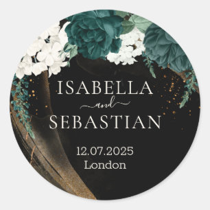 Black Emerald Green Rose Floral Wedding Classic Round Sticker
