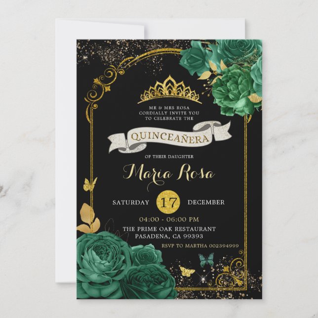 Black Emerald Green Royal Crown Quinceañera Invitation (Front)