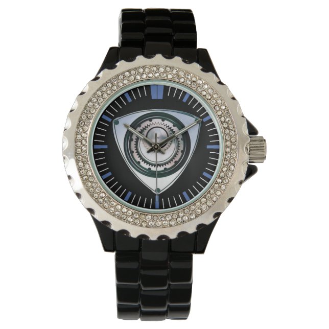 Black Enamel, Rhinestone, Rotary Engine Watch (Front)