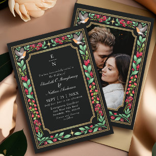 Black Enchanting Botanical Garden Wedding Photo Invitation