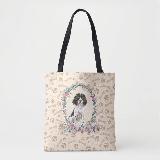Black English Springer Spaniel Dog Paw Print Cute Tote Bag (Front)