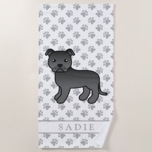 Black English Staffie Cute Cartoon Dog & Name Beach Towel