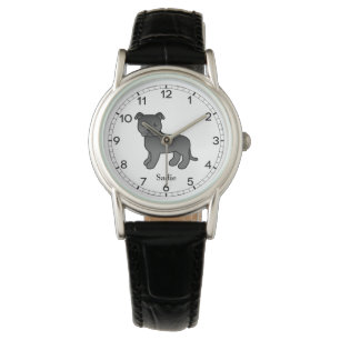 Black English Staffie Cute Cartoon Dog & Name Watch