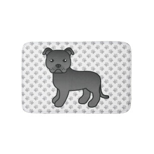 Black English Staffie Cute Cartoon Dog & Paws Bath Mat