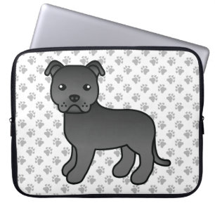 Black English Staffie Cute Cartoon Dog & Paws Laptop Sleeve