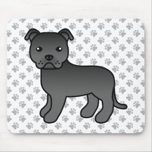 Black English Staffie Cute Cartoon Dog & Paws Mouse Pad