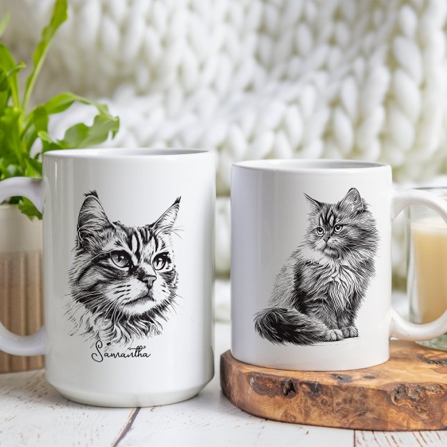 Black Engraved Cat Head Sketch Art  Coffee Mug (Creator Uploaded)