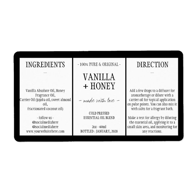 Black Essential Oil Cosmetic Bottle Wrap Around (Front)