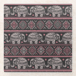 Black Ethnic Elephant Pattern Glass Coaster