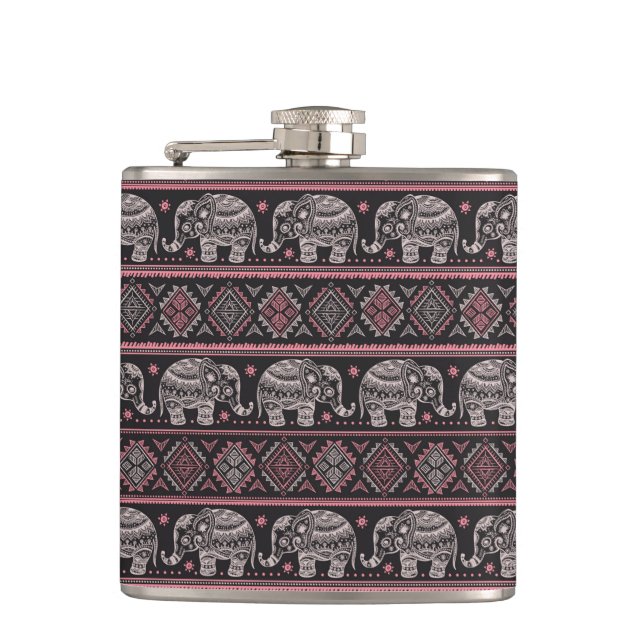 Black Ethnic Elephant Pattern Hip Flask (Front)