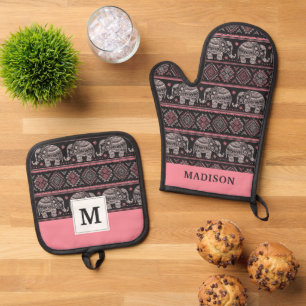 Black Ethnic Elephant Pattern Oven Mitt & Pot Holder Set