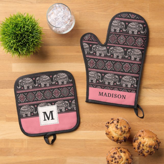 Black Ethnic Elephant Pattern Oven Mitt & Pot Holder Set (Top Down)