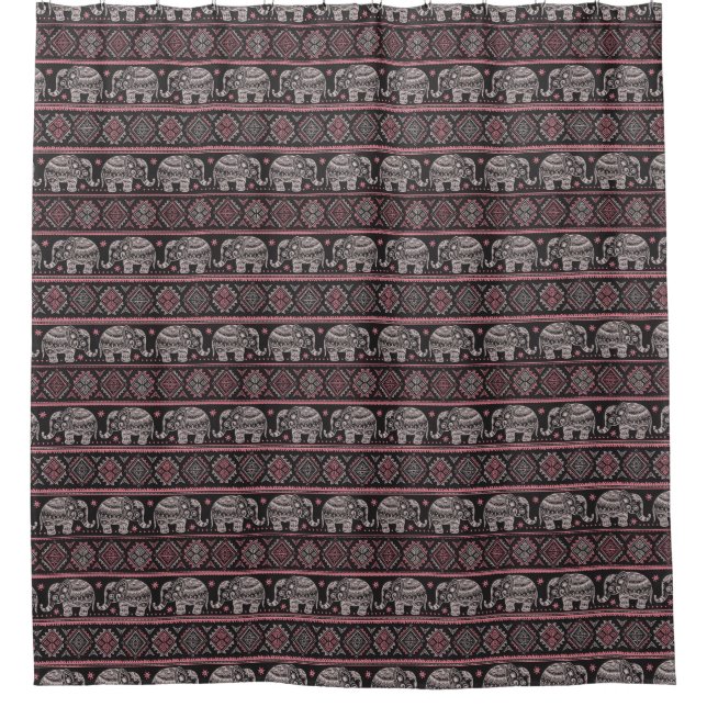 Black Ethnic Elephant Pattern Shower Curtain (Front)
