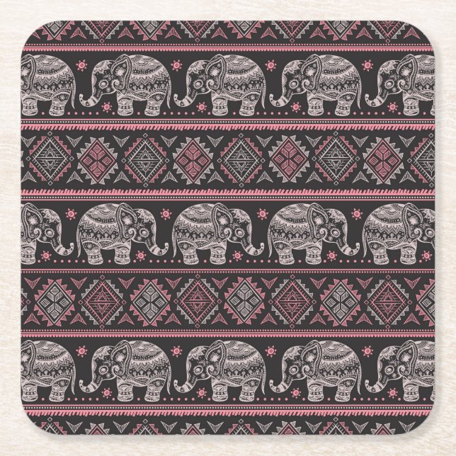 Black Ethnic Elephant Pattern Square Paper Coaster (Front)
