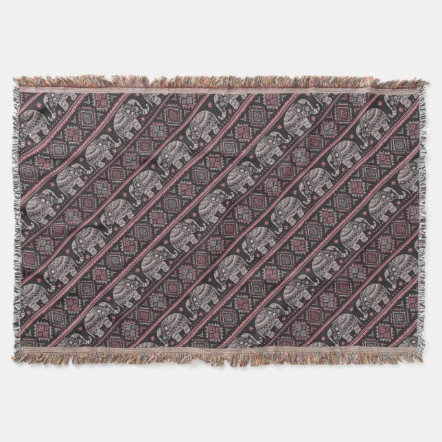 Black Ethnic Elephant Pattern Throw Blanket (Front)