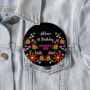 Black Ethnic Flower Fiesta Mexican Embroidery  10 Cm Round Badge