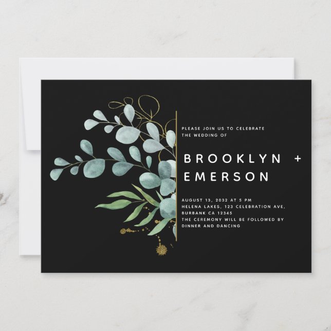 Black Eucalyptus Gold Foil Modern Wedding Invitation (Front)