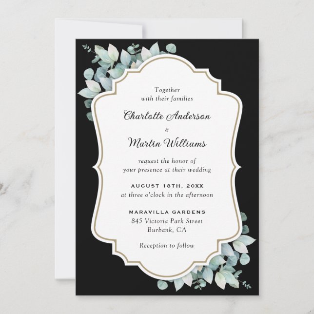 Black Eucalyptus Greenery Wedding Invitation (Front)