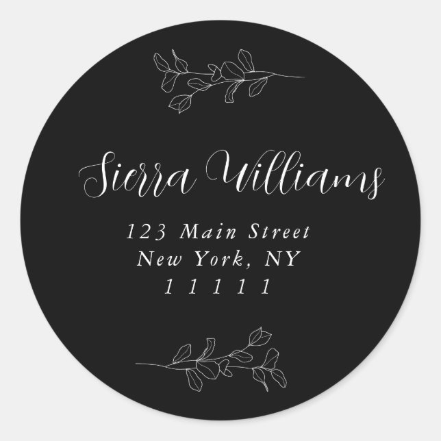 Black Eucalyptus Round Return Address Label (Front)