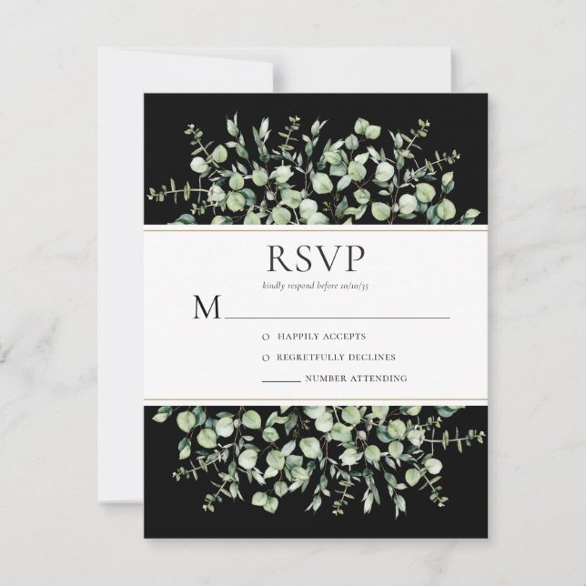 Black Eucalyptus Wedding RSVP Card (Front)