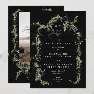 Black Eucalyptus Wreath Monogram Photo Wedding Save The Date