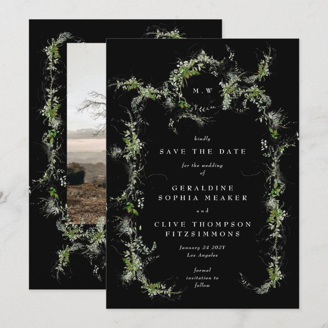 Black Eucalyptus Wreath Monogram Photo Wedding Save The Date (Front/Back)
