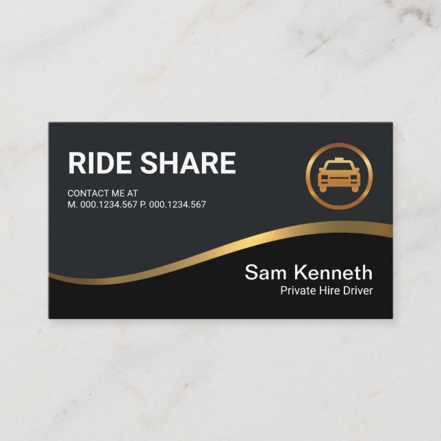 Black Exquisite Gold Wave Ride Share Driver Business Card (Front)