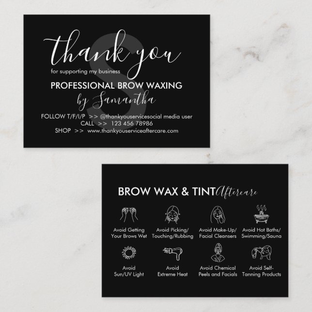 Black Eye Brow Wax Tint Aftercare Thank You Business Card (Front/Back)