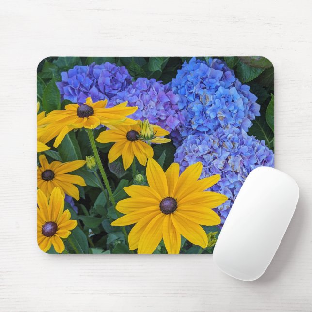 Black Eyed Susan and Blue Hydrangea Floral Mouse Pad (With Mouse)