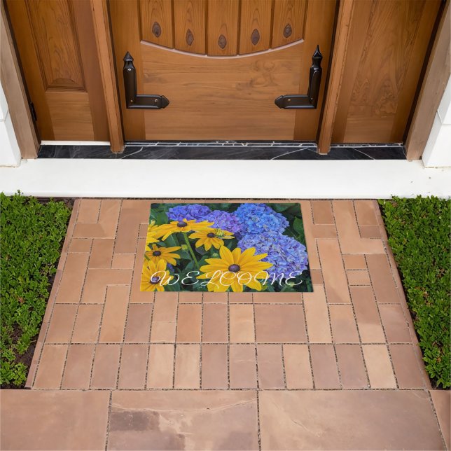 Black Eyed Susan and Blue Hydrangea Welcome Doormat (Outdoor)