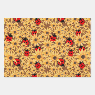 Black-Eyed Susan And Ladybugs Seamless Pattern Wrapping Paper Sheet