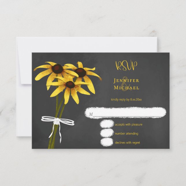 Black Eyed Susan chalk drawing wildflowers wedding RSVP Card (Front)