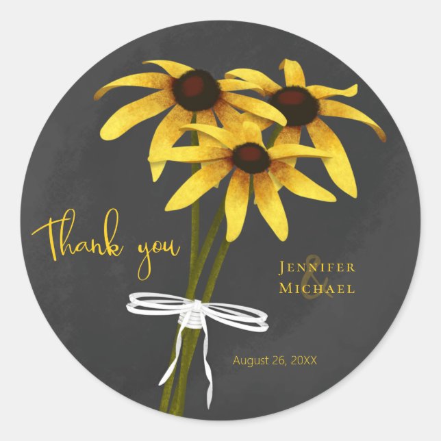 Black Eyed Susan chalk drawn flowers wedding Classic Round Sticker (Front)