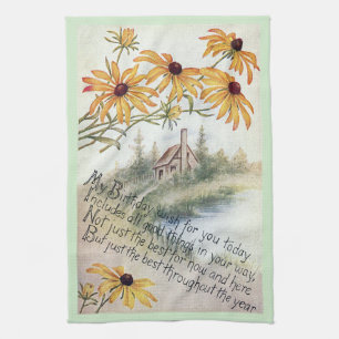Black Eyed Susan Vintage Birthday Tea Towel