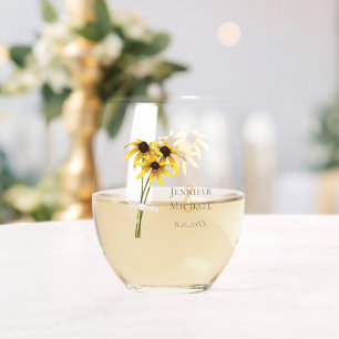 Black Eyed Susan wildflower wedding Stemless Wine Glass